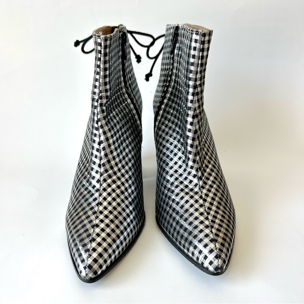 Anthropologie Metallic Check Pointed Toe Ankle Boot Silver Black Block Heel 36 - Picture 3 of 11